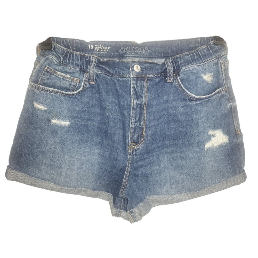 Arizona Jean Co. Hi-Rise Curvy Short Womens 15 Blue Distressed Denim Shorts